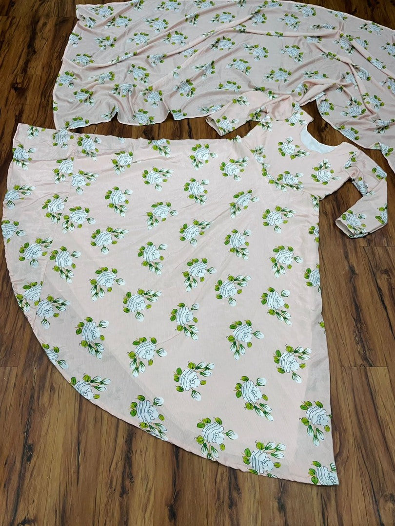 Peach chinon silk digital printed gown