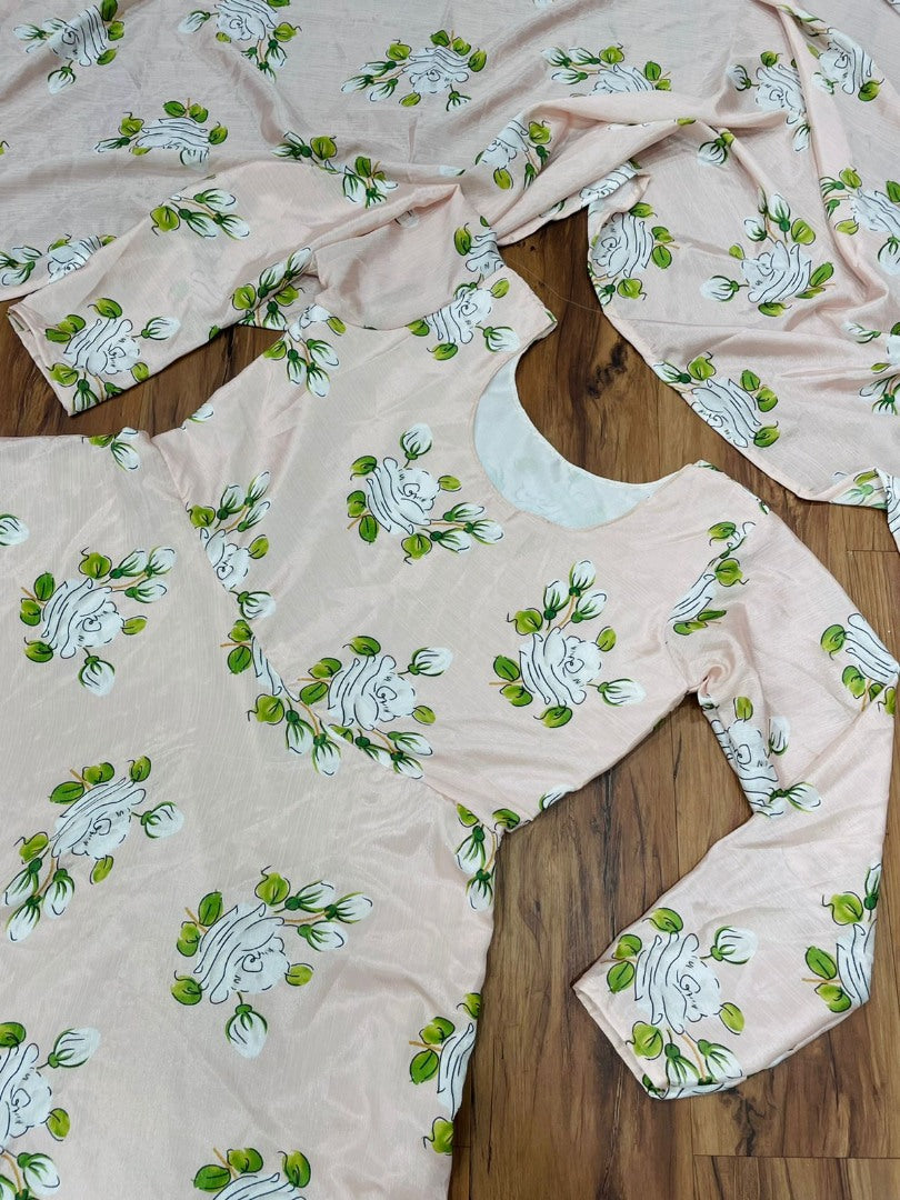 Peach chinon silk digital printed gown