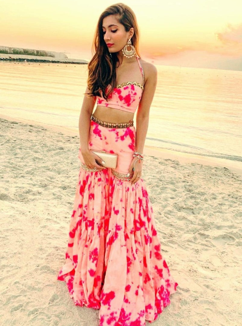 Peach chinon silk digital printed sharara salwar suit