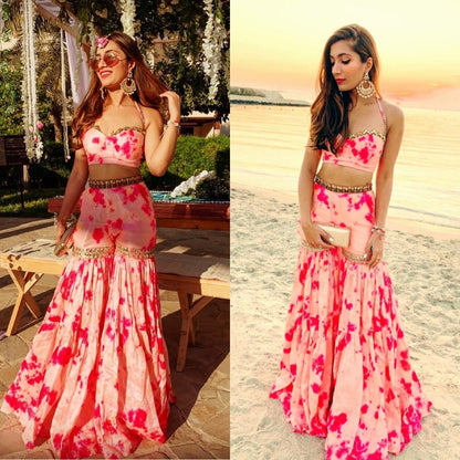 Peach chinon silk digital printed sharara salwar suit