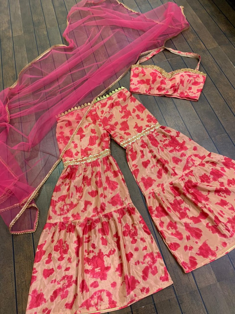 Peach chinon silk digital printed sharara salwar suit