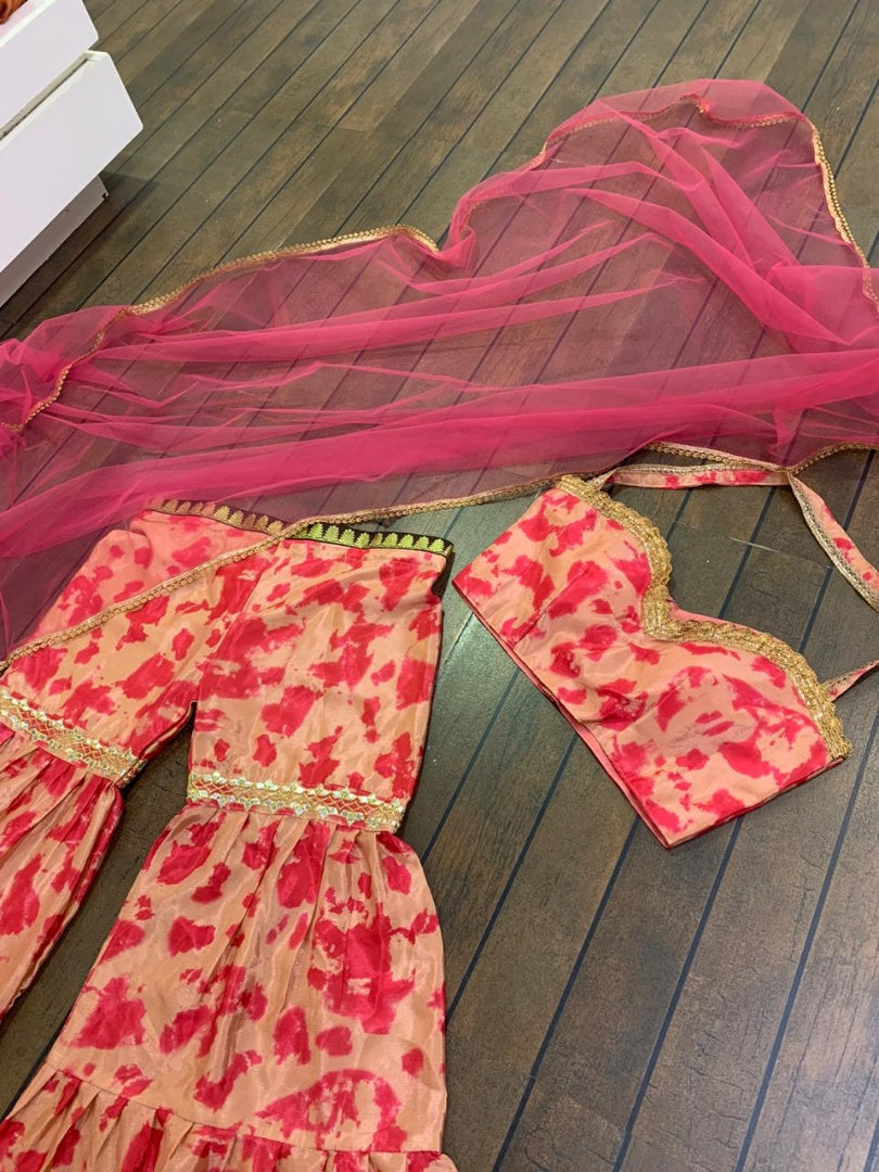 Peach chinon silk digital printed sharara salwar suit