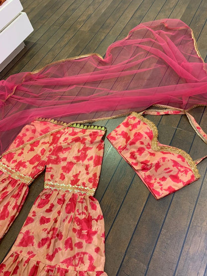 Peach chinon silk digital printed sharara salwar suit