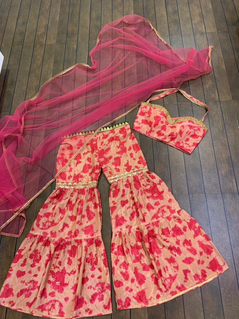 Peach chinon silk digital printed sharara salwar suit