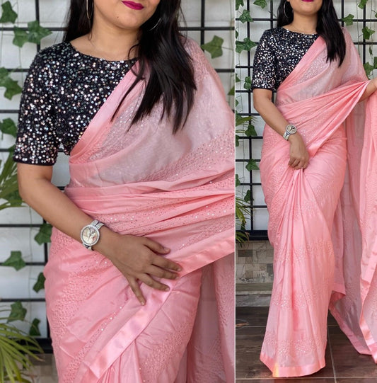 Peach chinon silk sequence and thread work party wear saree