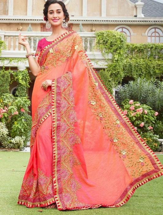Peach Colored Art Silk Resham & Jari Embroidery With 3D Flowers Saree