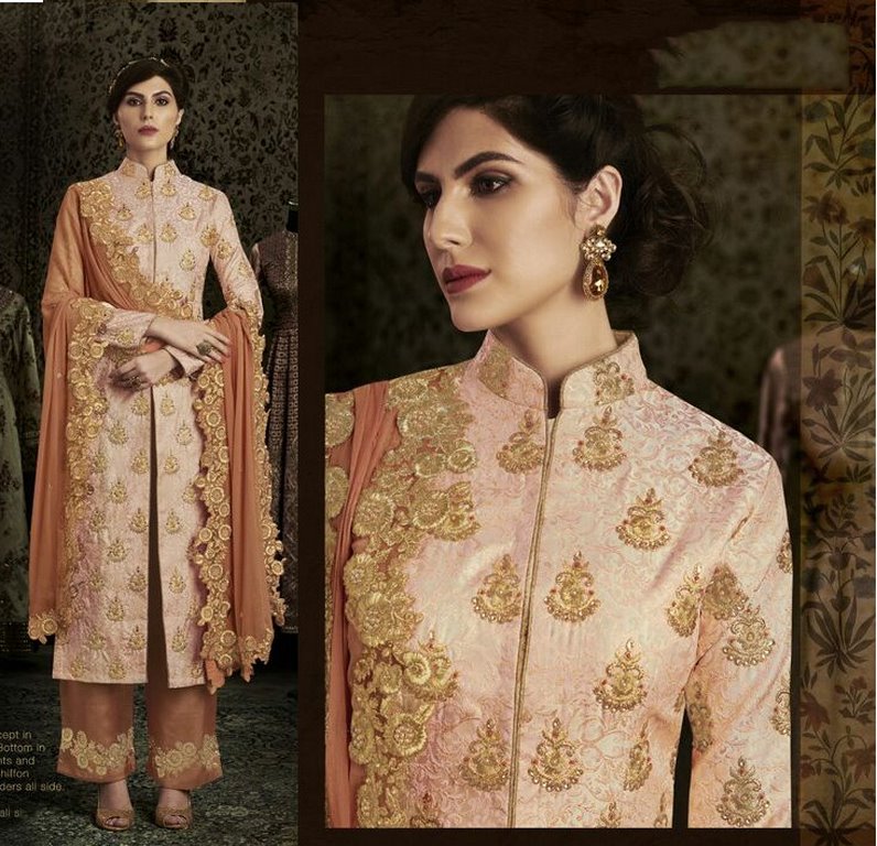 Peach Colored Brocade Embroidered Semi Stitched Salwar Suit