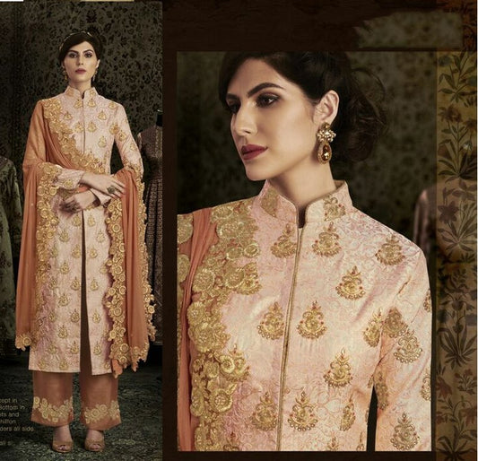 Peach Colored Brocade Embroidered Semi Stitched Salwar Suit