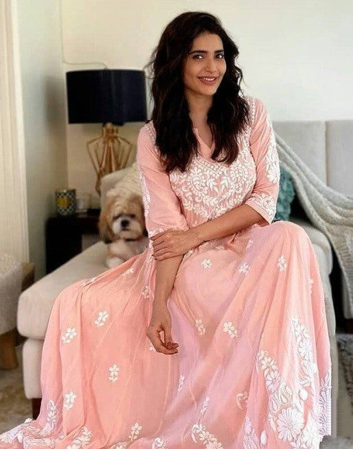 Peach cotton embroidery work long kurti with pant