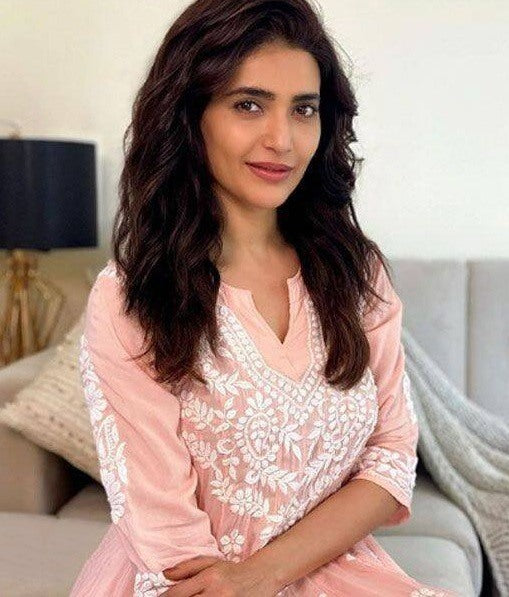 Peach cotton embroidery work long kurti with pant