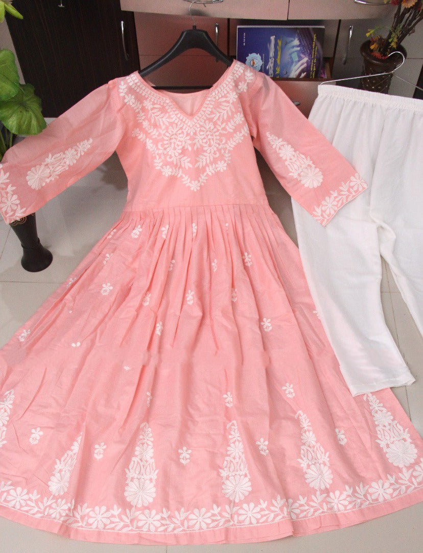 Peach cotton embroidery work long kurti with pant