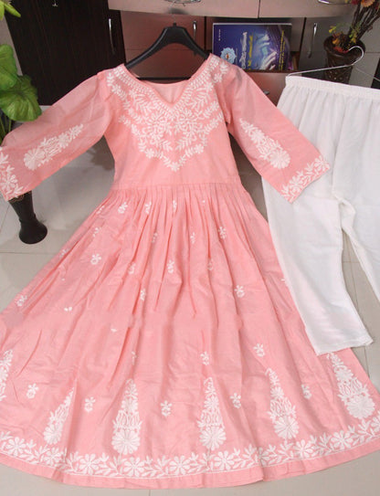 Peach cotton embroidery work long kurti with pant
