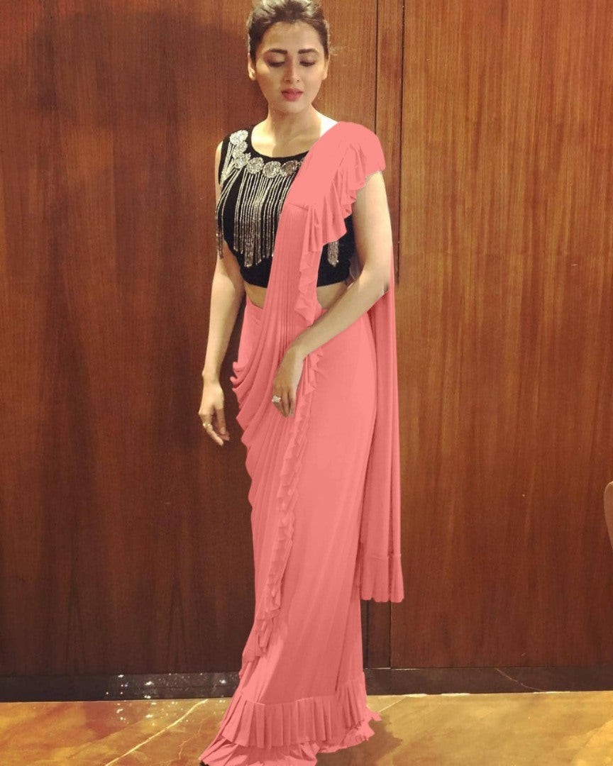 Peach crepe silk designer ruffle saree with handwork blouse