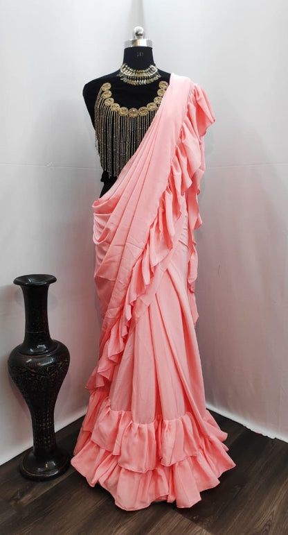 Peach crepe silk designer ruffle saree with handwork blouse