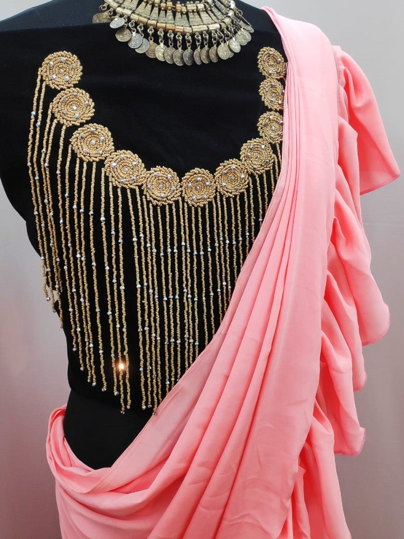 Peach crepe silk designer ruffle saree with handwork blouse