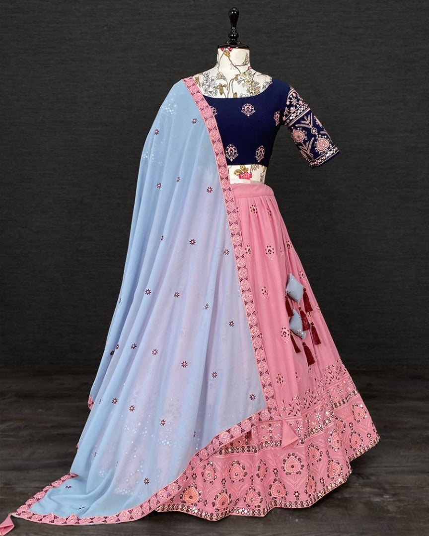 Peach designer embroidery and paper mirror work wedding lehenga choli