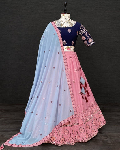 Peach designer embroidery and paper mirror work wedding lehenga choli