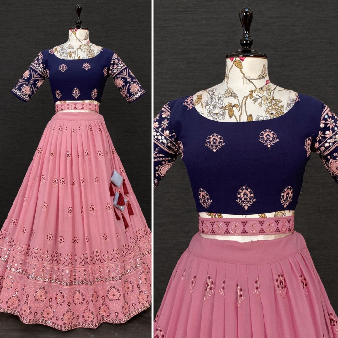 Peach designer embroidery and paper mirror work wedding lehenga choli