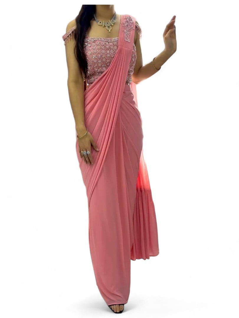 Peach designer stylish ready to wear saree for farewell parties