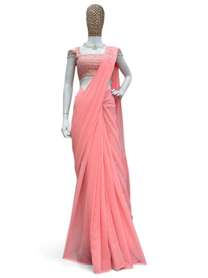 Peach designer stylish ready to wear saree for farewell parties