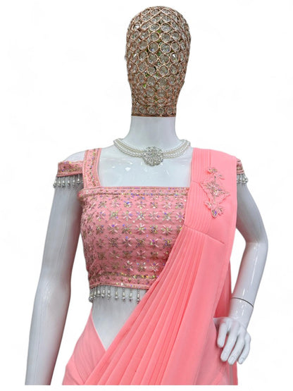 Peach designer stylish ready to wear saree for farewell parties