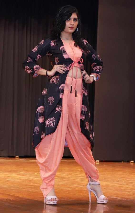 peach dhoti suit with black printed koti