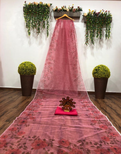 Peach digital floral printed organza saree