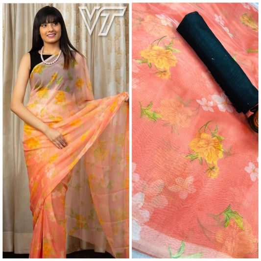 peach digital flower printed orgenza saree
