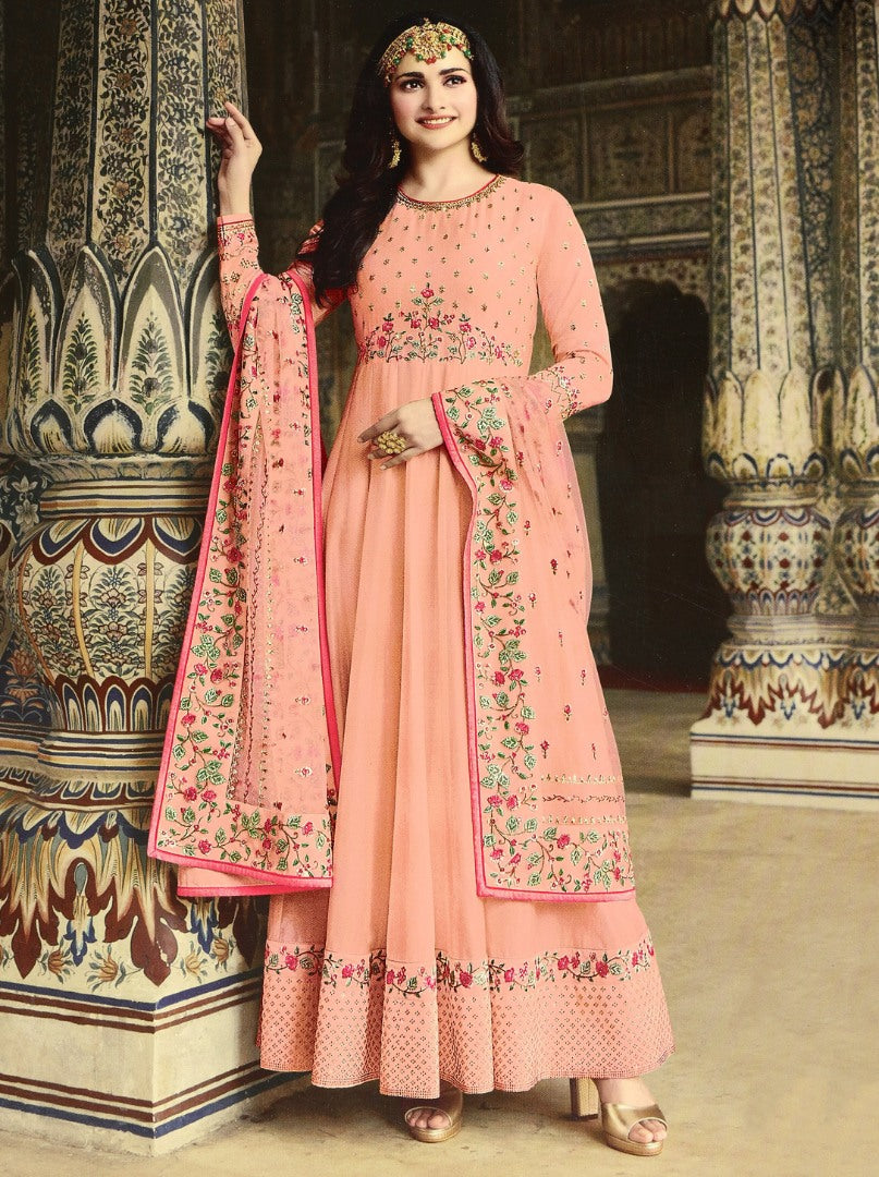 Peach dola silk heavy embroidered designer anarkali gown