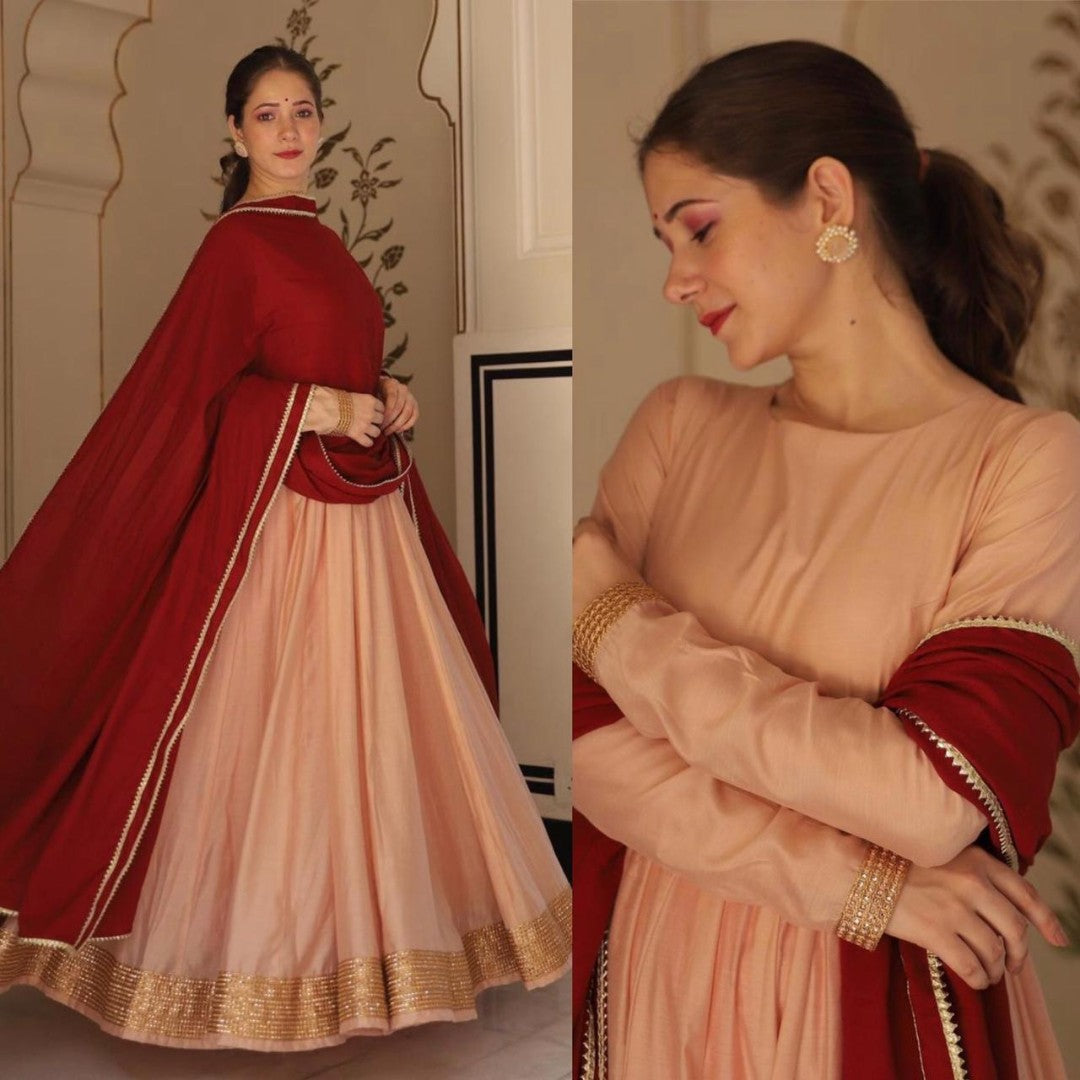 Peach dola silk plain gown