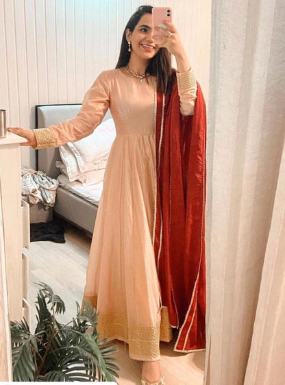 Peach dola silk plain gown