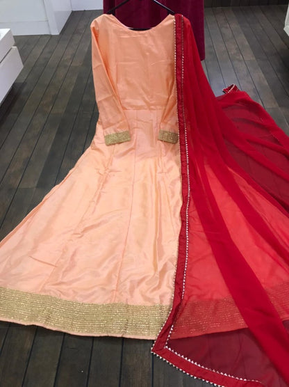 Peach dola silk plain gown