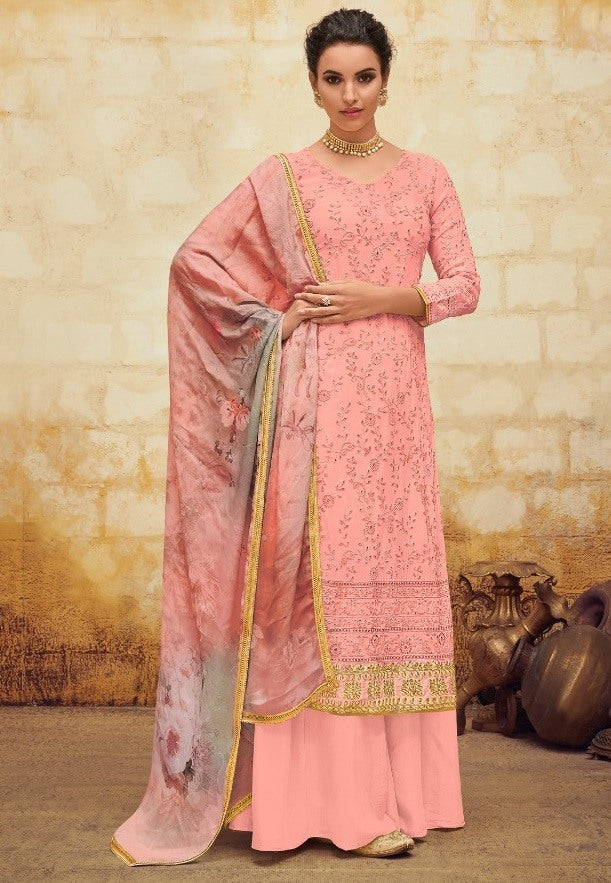 Peach faux georgette embroidered designer salwar suit