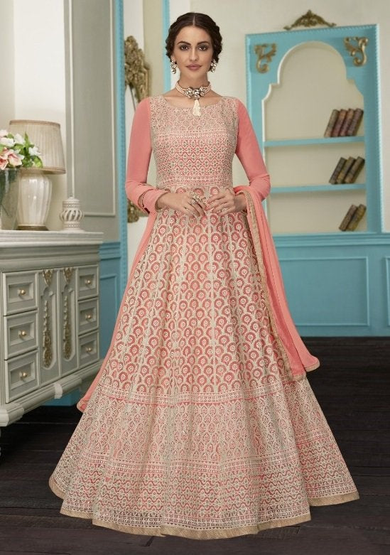 Peach faux georgette heavy thread and sequence embroidered gown