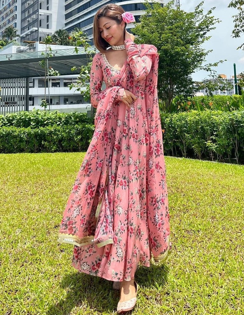 Peach floral printed anarkali suit