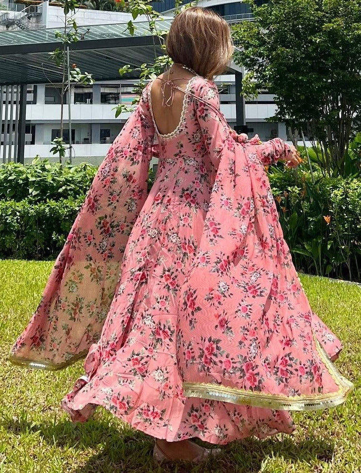 Peach floral printed anarkali suit