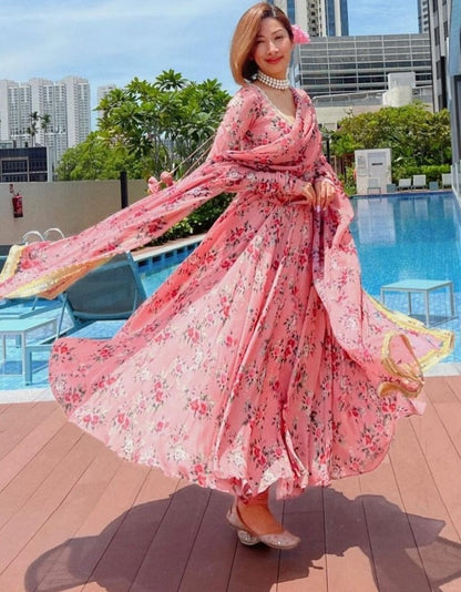 Peach floral printed anarkali suit