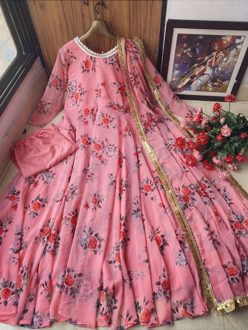 Peach floral printed anarkali suit