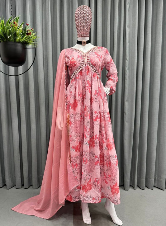 Peach floral printed georgette handwork alia cut kurti