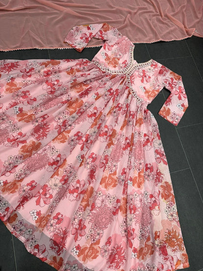 Peach floral printed georgette handwork alia cut kurti