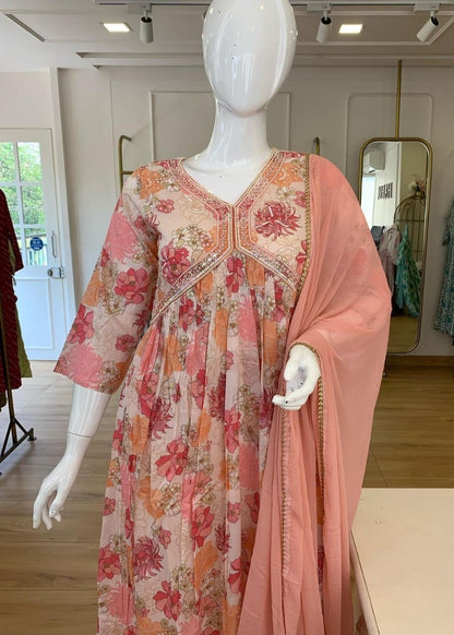 Peach floral printed georgette handwork alia cut kurti