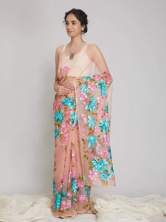 Peach floral printed organza saree