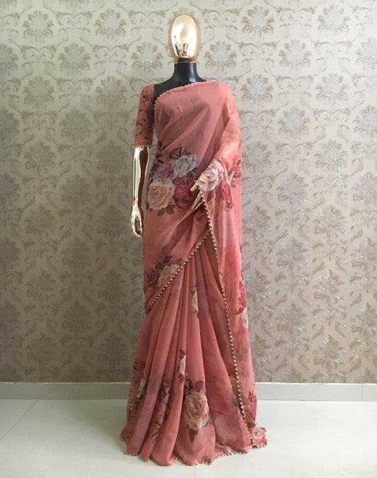 Peach floral printed pearl border saree