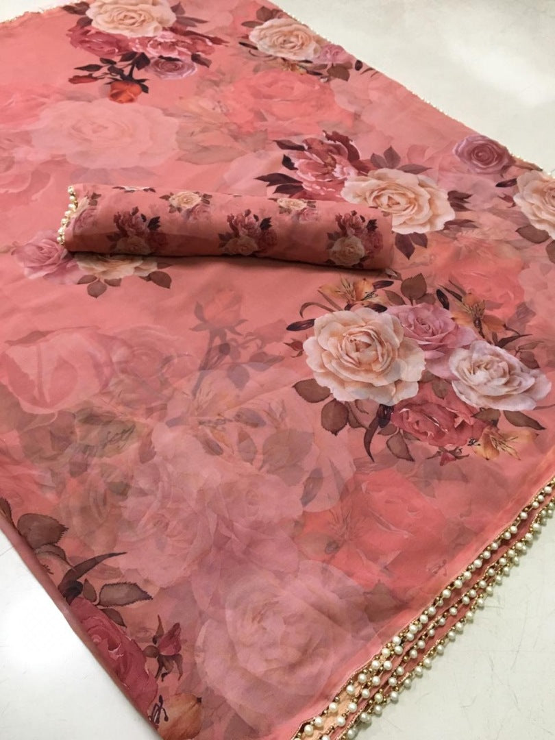 Peach floral printed pearl border saree