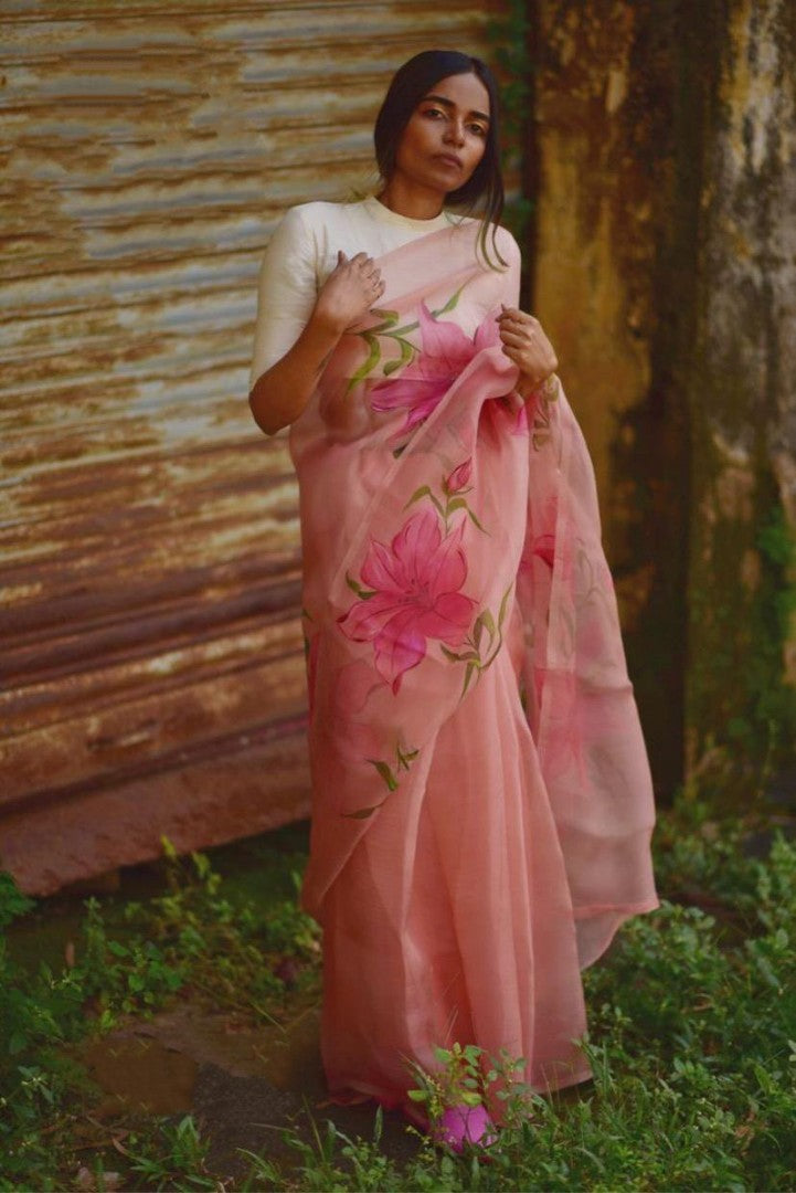 peach flower digital printed pure orgenza saree