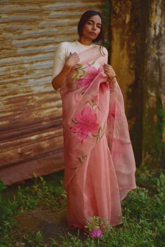 peach flower digital printed pure orgenza saree