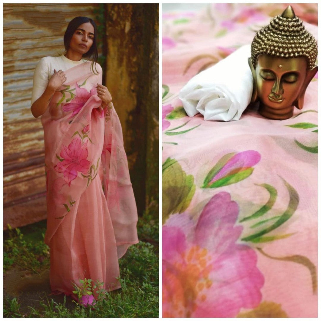 peach flower digital printed pure orgenza saree