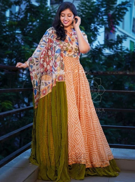 Peach georgette bandhni print long anarkali gown