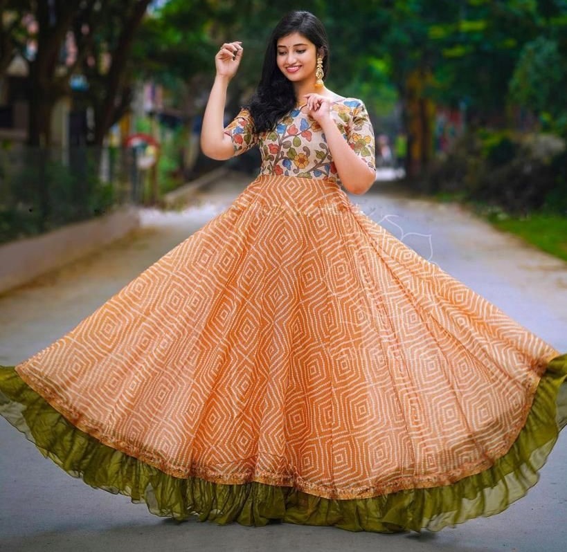 Peach georgette bandhni print long anarkali gown