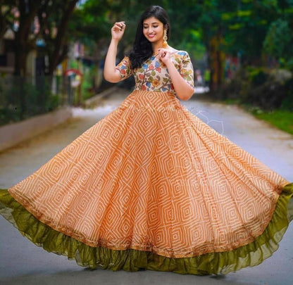 Peach georgette bandhni print long anarkali gown